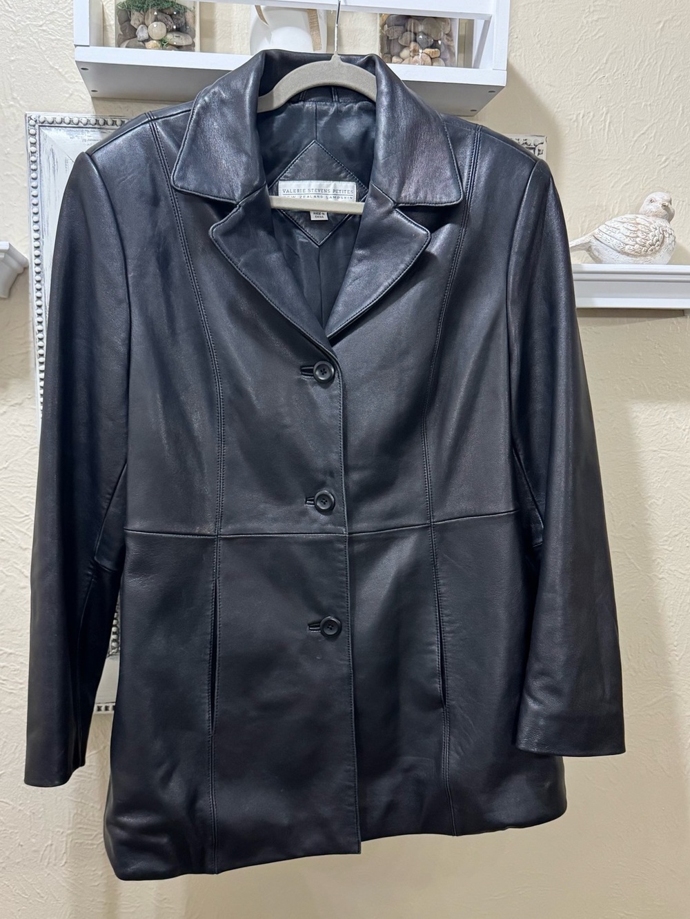 Valerie Stevens Petites New Zealand Lambskin Black Leather Jacket Coat Sz L P
